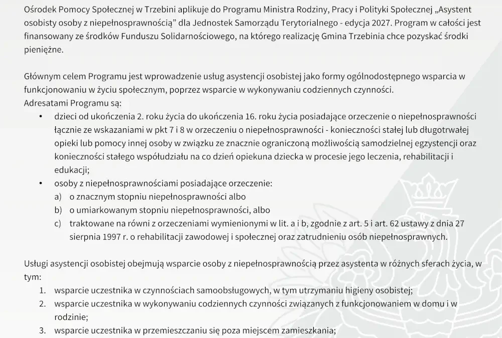 Trzebinia walczy o pieniądze na asystentów osób z niepełnosprawnością