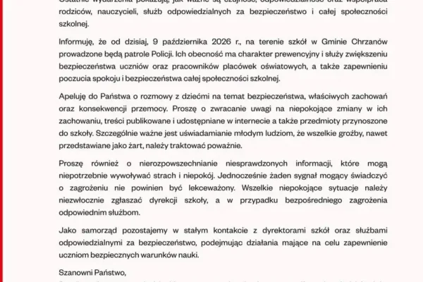 Gmina Chrzanów wprowadza patrole Policji w szkołach po niepokojących wydarzeniach