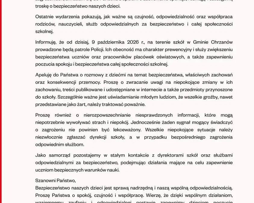 Gmina Chrzanów wprowadza patrole Policji w szkołach po niepokojących wydarzeniach