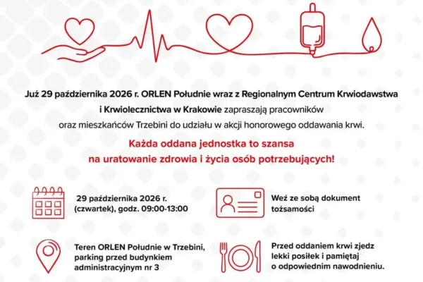 Trzebinia: 29 października akcja oddawania krwi przy ORLEN Południe