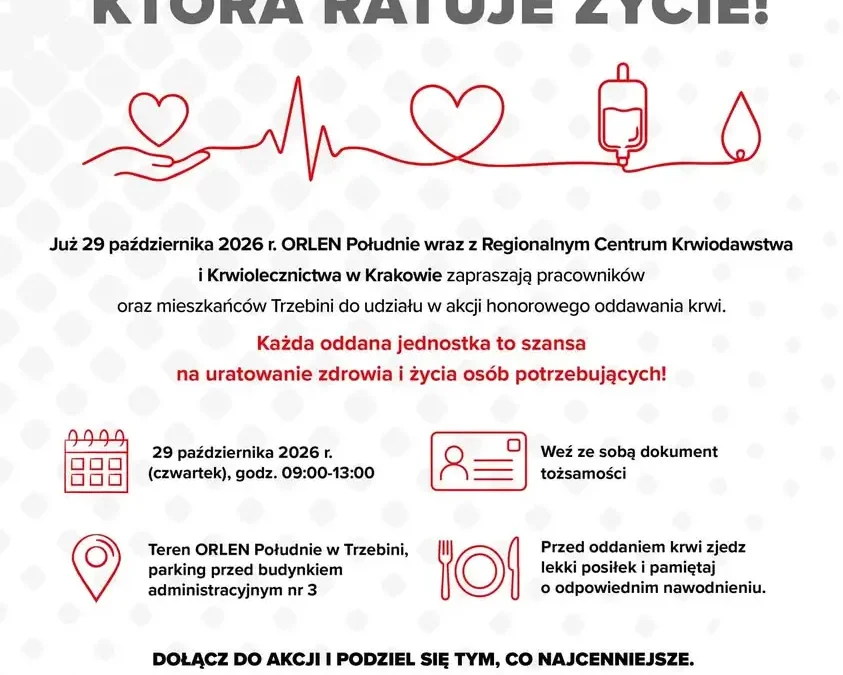 Trzebinia: 29 października akcja oddawania krwi przy ORLEN Południe