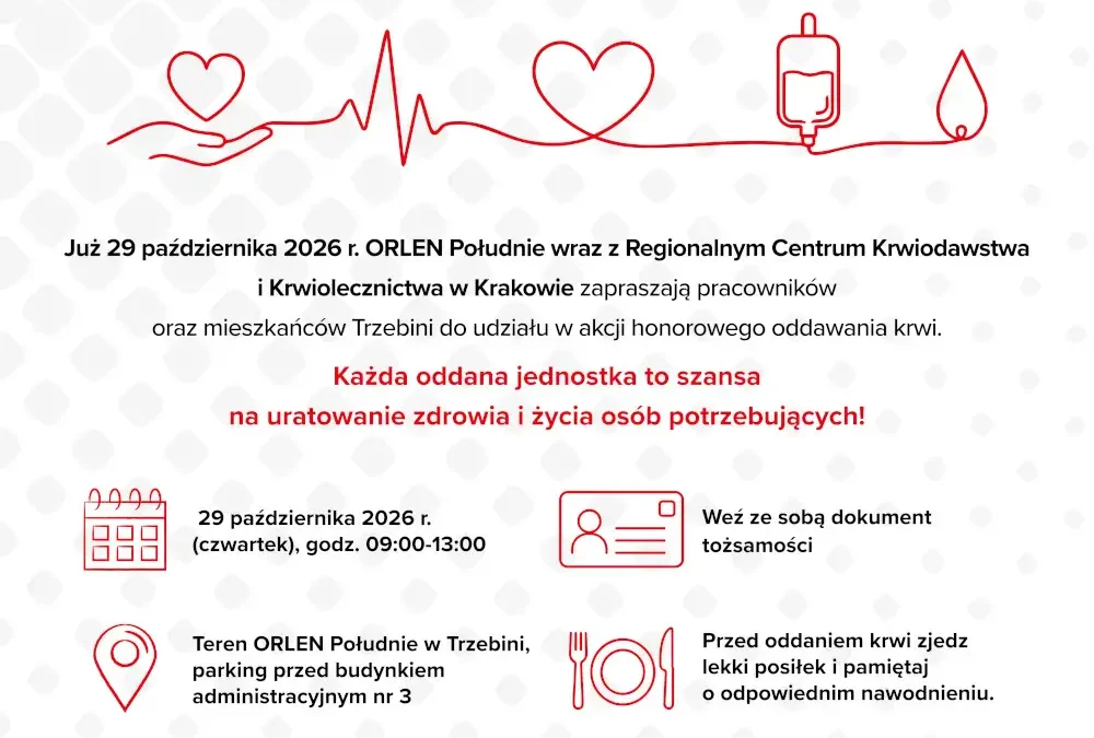 Trzebinia: 29 października zbiórka krwi przed budynkiem ORLEN Południe