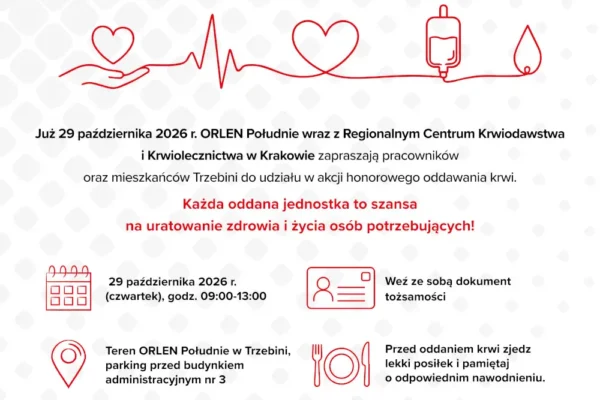 Trzebinia: 29 października zbiórka krwi przed budynkiem ORLEN Południe