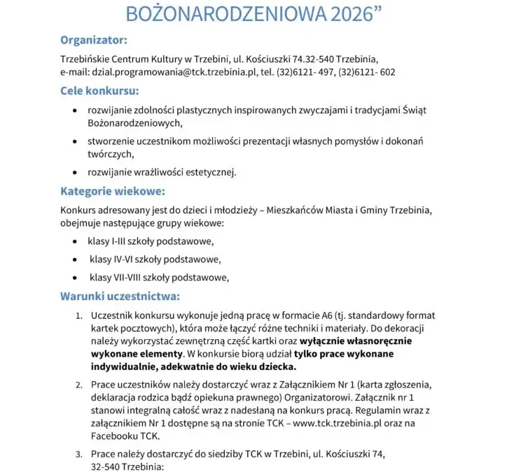 Trzebińskie Centrum Kultury zaprasza do Gminnego Konkursu Plastycznego „Najpiękniejsza Kartka Bożonarodzeniowa 2026”